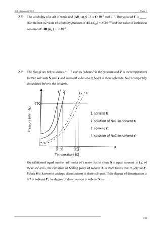 JEE (Advanced) 2018 Paper 1
8/12
Q.13 The solubility of a salt of weak acid (AB) at pH 3 is Y×103
mol L−1
. The value of Y is ____.
(Given that the value of solubility product of AB (𝐾𝑠𝑝) = 2×1010
and the value of ionization
constant of HB (𝐾𝑎) = 1×108
)
Q.14 The plot given below shows 𝑃 − 𝑇 curves (where P is the pressure and T is the temperature)
for two solvents X and Y and isomolal solutions of NaCl in these solvents. NaCl completely
dissociates in both the solvents.
On addition of equal number of moles of a non-volatile solute S in equal amount (in kg) of
these solvents, the elevation of boiling point of solvent X is three times that of solvent Y.
Solute S is known to undergo dimerization in these solvents. If the degree of dimerization is
0.7 in solvent Y, the degree of dimerization in solvent X is ____.
 
