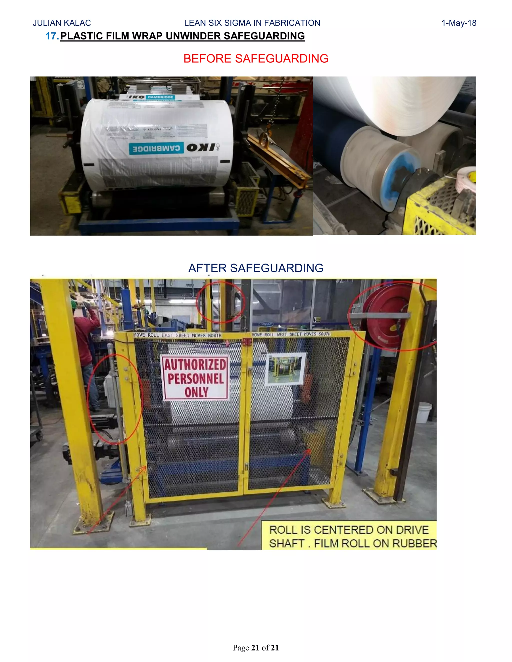 JULIAN KALAC LEAN SIX SIGMA IN FABRICATION 1-May-18
Page 21 of 21
17.PLASTIC FILM WRAP UNWINDER SAFEGUARDING
BEFORE SAFEGUARDING
AFTER SAFEGUARDING
 