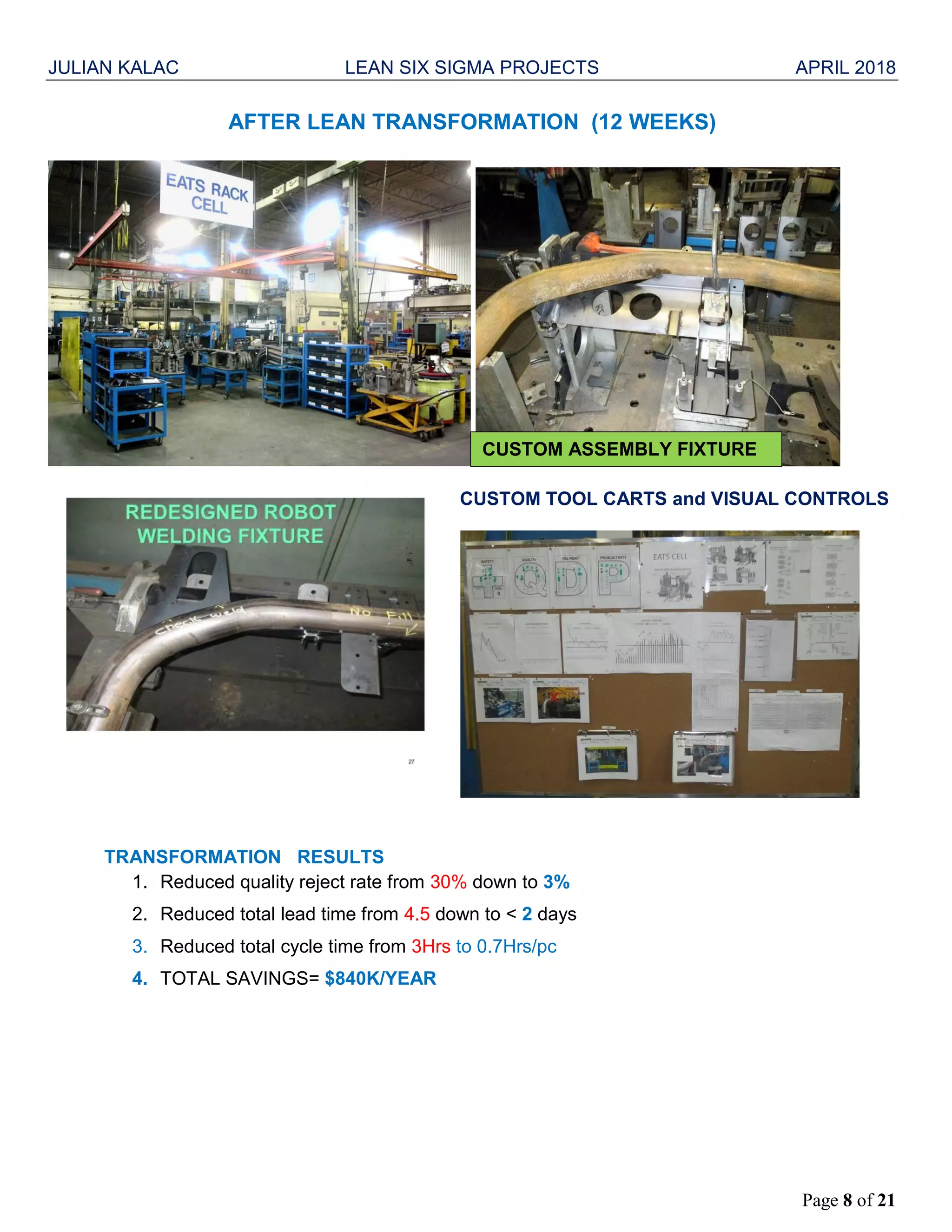 JULIAN KALAC LEAN SIX SIGMA PROJECTS APRIL 2018
Page 8 of 21
AFTER LEAN TRANSFORMATION (12 WEEKS)
CUSTOM TOOL CARTS and VISUAL CONTROLS
TRANSFORMATION RESULTS
1. Reduced quality reject rate from 30% down to 3%
2. Reduced total lead time from 4.5 down to < 2 days
3. Reduced total cycle time from 3Hrs to 0.7Hrs/pc
4. TOTAL SAVINGS= $840K/YEAR
CUSTOM ASSEMBLY FIXTURE
 
