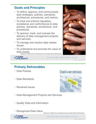 Goals and Principles
• To define, approve, and communicate
data strategies, policies, standards,
architecture, procedures, and metrics.
• To track and enforce regulatory
compliance and conformance to data
policies, standards, architecture, and
procedures.
• To sponsor, track, and oversee the
delivery of data management projects
and services.
• To manage and resolve data related
issues.
• To understand and promote the value of
data assets.
Illustration from The DAMA Guide to the Data Management Body of Knowledge © 2009 by DAMA International
!41Copyright 2018 by Data Blueprint Slide #
Primary Deliverables
• Data Policies
• Data Standards
• Resolved Issues
• Data Management Projects and Services
• Quality Data and Information
• Recognized Data Value
Illustration from The DAMA Guide to the Data Management Body of Knowledge © 2009 by DAMA International
!42Copyright 2018 by Data Blueprint Slide #
 