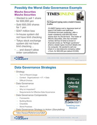  
 
CLUMSY typing cost a Japanese bank at
least £128 million and staff their
Christmas bonuses yesterday, after a
trader mistakenly sold 600,000 more
shares than he should have. The trader at
Mizuho Securities, who has not been
named, fell foul of what is known in
financial circles as “fat finger syndrome”
where a dealer types incorrect details into
his computer. He wanted to sell one
share in a new telecoms company called
J Com, for 600,000 yen (about £3,000).
Possibly the Worst Data Governance Example
Mizuho Securities
Mizuho Securities
• Wanted to sell 1 share
for 600,000 yen
• Sold 600,000 shares
for 1 yen
• $347 million loss
• In-house system did
not have limit checking
• Tokyo stock exchange
system did not have
limit checking ...
• … and doesn't allow
order cancellations
!85Copyright 2018 by Data Blueprint Slide #
Data Governance Strategies
• Strategy
– Term of Recent Usage
– Context: Organizational -> IT -> Data
– Difficult Choices
• Data Governance
– What is it?
– Why is it important?
– Requirements for Effective Data Governance
• Data Governance Components
– Frameworks
– Building Blocks
– Checklists
– Worst Practices
• Data Governance Strategy in Action (Storytelling)
• Take Aways/References/Q&A
!86Copyright 2018 by Data Blueprint Slide #
Tweeting now:
#dataed
 