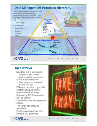 You can accomplish Advanced Data
Practices without becoming
proficient in the Foundational Data
Management Practices however this
will:
• Take longer
• Cost more
• Deliver less
• Present  
greater 
risk (with thanks to Tom DeMarco)
Data Management Practices Hierarchy
Advanced  
Data  
Practices
• MDM
• Mining
• Big Data
• Analytics
• Warehousing
• SOA
Foundational Data Management Practices
Data Platform/Architecture
Data Governance Data Quality
Data Operations
Data Management Strategy
Technologies
Capabilities
!87Copyright 2018 by Data Blueprint Slide #
Take Aways
• Need for DG is increasing
– Increase in data volume
– Lack of practice improvement
• DG is a new discipline
– Must conform to constraints
– No one best way
• DG must be driven by a data
strategy complimenting
organizational strategy
• Comparing DG frameworks
can be useful
• DG directs data management
efforts
• The language of DG is
metadata
• Process improvement can
improve DG practices
!88Copyright 2018 by Data Blueprint Slide #
 