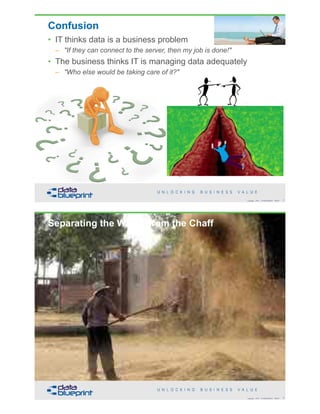 Confusion
• IT thinks data is a business problem
– "If they can connect to the server, then my job is done!"
• The business thinks IT is managing data adequately
– "Who else would be taking care of it?"
!3Copyright 2018 by Data Blueprint Slide #
Separating the Wheat from the Chaff
!4Copyright 2018 by Data Blueprint Slide #
 