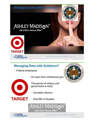 Managing Data with Guidance?
!7Copyright 2018 by Data Blueprint Slide #
• Federal employees
• 44 users from whitehouse.gov
• Thousands of military and  
government e-mails
• Canadian citizens
• One-fifth of Quebec
Managing Data with Guidance?
!8Copyright 2018 by Data Blueprint Slide #
 