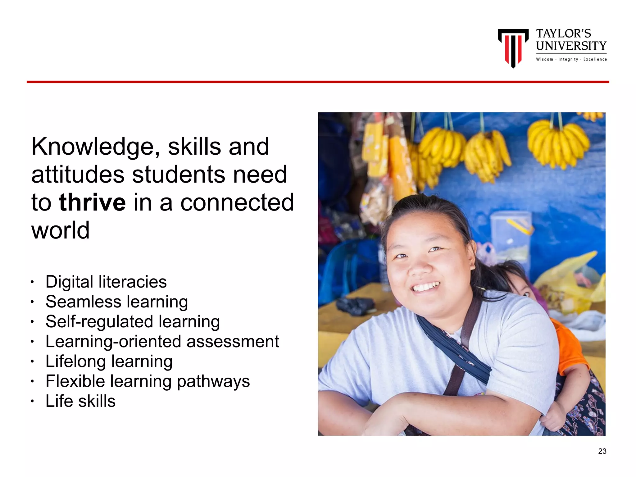 !23
Knowledge, skills and
attitudes students need
to thrive in a connected
world
• Digital literacies
• Seamless learning
• Self-regulated learning
• Learning-oriented assessment
• Lifelong learning
• Flexible learning pathways
• Life skills
 