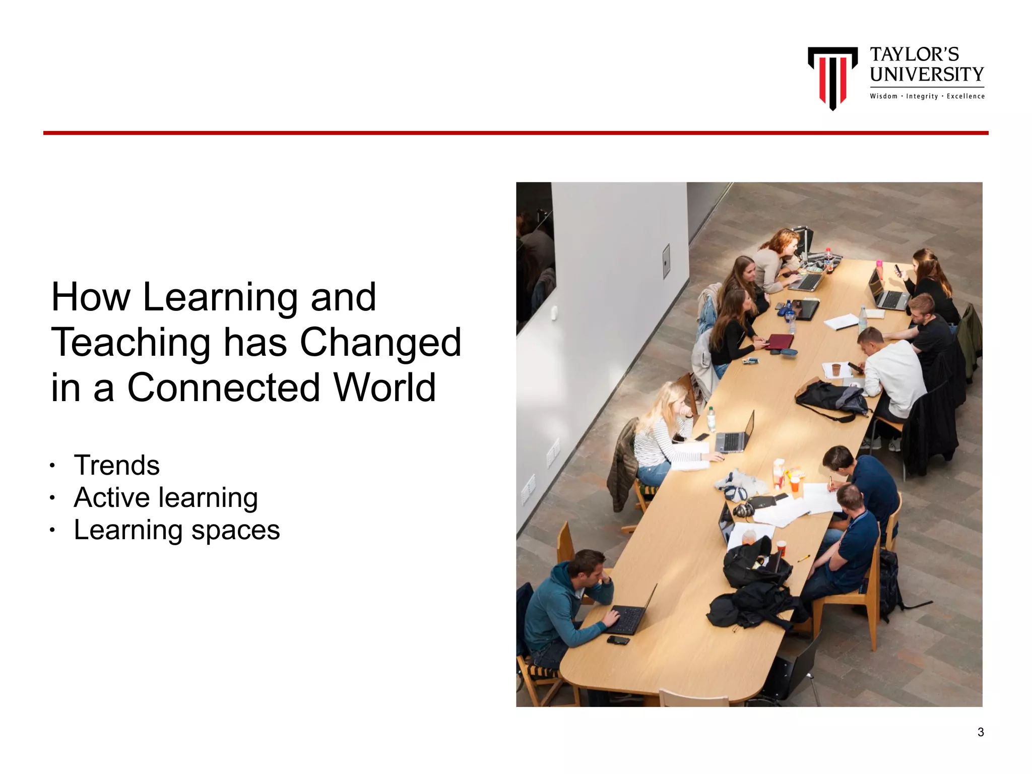 !3
How Learning and
Teaching has Changed
in a Connected World
• Trends
• Active learning
• Learning spaces
 