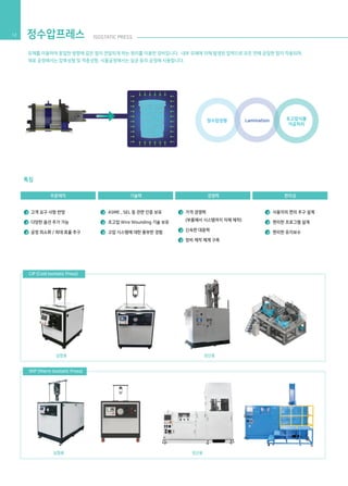 정수압성형 Lamination 초고압식품
가공처리
유체를 이용하여 동일한 방향에 같은 힘이 전달되게 하는 원리를 이용한 장비입니다. 내부 유체에 의해 발생된 압력으로 모든 면에 균일한 힘이 작용되며,
재료 공정에서는 압축성형 및 적층성형, 식품공정에서는 살균 등의 공정에 사용합니다.
정수압프레스 ISOSTATIC PRESS12
고객 요구 사항 반영
다양한 옵션 추가 가능
공정 최소화 / 최대 효율 추구
1
2
3
1
2
3
1
2
3
ASME , SEL 등 관련 인증 보유
초고압 Wire Wounding 기술 보유
고압 시스템에 대한 풍부한 경험
1
2
3
사용자의 편의 추구 설계
편리한 프로그램 설계
편리한 유지보수
가격 경쟁력
(부품에서 시스템까지 자체 제작)
신속한 대응력
장비 제작 체계 구축
CIP (Cold Isostatic Press)
실험용 생산용
실험용 생산용
WIP (Warm Isostatic Press)
주문제작 기술력 경쟁력 편리성
특징
 
