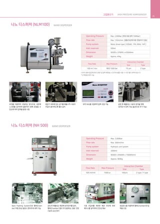 고압분산기 HIGH PRESSURE HOMOGENIZER
25
Back Flashing System으로 챔버(Cham-
ber) 막힘 현상 발생시 편리하게 세척 가능
공정 후 배출되는 배관에 냉각장치를 설치,
챔버(Chamber) 통과 후 발생되는 열로 인한
시료의 손상 방지
시료 주입부를 제외한 배관 라인에 외부
케이스를 설치하여 안전성 확보
유압유닛을 이용하여 챔버(Chamber)내 압
력을 조정
나노 디스퍼져 (NH 500) NANO DISPERSER
Operating Pressure
Flow rate
Pump system
Inlet reservoir
Dimension
Weight
Max. 2,000bar
Max. 500ml/min
Hydraulic unit system
2000ml
800(D) x 850(W) x 1500(H)mm
Approx. 800kg
500 ml/min 1500 bar 100um Z type / Y type
Max Pressure
Size
Interaction Chamber
Type
Flow Rate
모터를 이용하여 구동하는 방식으로, 내부에
스크류를 설치하여 플런져가 왕복 운동할 수
있도록 하여 압력을 발생 시킴
증압기 내부에 있는 공기를 배출시켜 시료의
주입이 용이하도록 밸브 설치
모터 속도를 조절하여 압력 조절 가능 공정 후 배출되는 시료의 냉각을 위해
냉각장 치 장착 가능 (옵션으로 추가 가능)
나노 디스퍼져 (NLM100) NANO DISPERSER
100 ml / min 최대 1500 bar 75 um Z type
Max Pressure
Size
Interaction Chamber
Type
Flow Rate
Operating Pressure
Flow rate
Pump system
Inlet reservoir
Dimension
Weight
Max. 2,000bar [권장사용 압력 1500bar]
Max. 120ml/min [샘플 특성에 따른 변동여지 있음]
Motor driven type [ 220VAC, 1PH, 60Hz, 1HP ]
500ml
583(D) x 576(W) x 435(H)mm
Approx. 45kg
다이아 챔버 옵션에 따라 유량 및 압력 변동될 수 있으며 샘플 사용 시 사전 협의 부탁드립니다
*고객맞춤 제작 가능
 