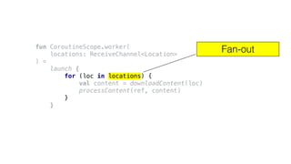 fun CoroutineScope.worker(
locations: ReceiveChannel<Location>
) =
launch {
for (loc in locations) {
val content = downloadContent(loc)
processContent(ref, content)
}
}
Fan-out
 