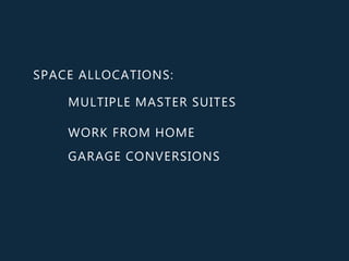 SPACE ALLOCATIONS:
MULTIPLE MASTER SUITES
WORK FROM HOME
GARAGE CONVERSIONS
 