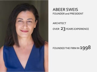 ABEER SWEIS
FOUNDER and PRESIDENT
ARCHITECT
OVER 23YEARS EXPERIENCE
FOUNDEDTHE FIRM IN 1998
 
