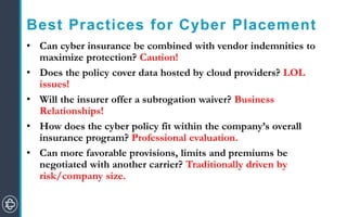 Best Practices for Cyber Placement
• Can cyber insurance be combined with vendor indemnities to
maximize protection? Caution!
• Does the policy cover data hosted by cloud providers? LOL
issues!
• Will the insurer offer a subrogation waiver? Business
Relationships!
• How does the cyber policy fit within the company’s overall
insurance program? Professional evaluation.
• Can more favorable provisions, limits and premiums be
negotiated with another carrier? Traditionally driven by
risk/company size.
 