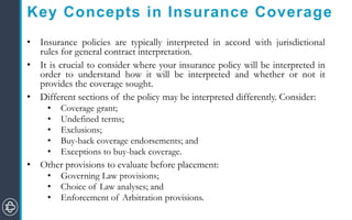 Key Concepts in Insurance Coverage
• Insurance policies are typically interpreted in accord with jurisdictional
rules for general contract interpretation.
• It is crucial to consider where your insurance policy will be interpreted in
order to understand how it will be interpreted and whether or not it
provides the coverage sought.
• Different sections of the policy may be interpreted differently. Consider:
• Coverage grant;
• Undefined terms;
• Exclusions;
• Buy-back coverage endorsements; and
• Exceptions to buy-back coverage.
• Other provisions to evaluate before placement:
• Governing Law provisions;
• Choice of Law analyses; and
• Enforcement of Arbitration provisions.
 