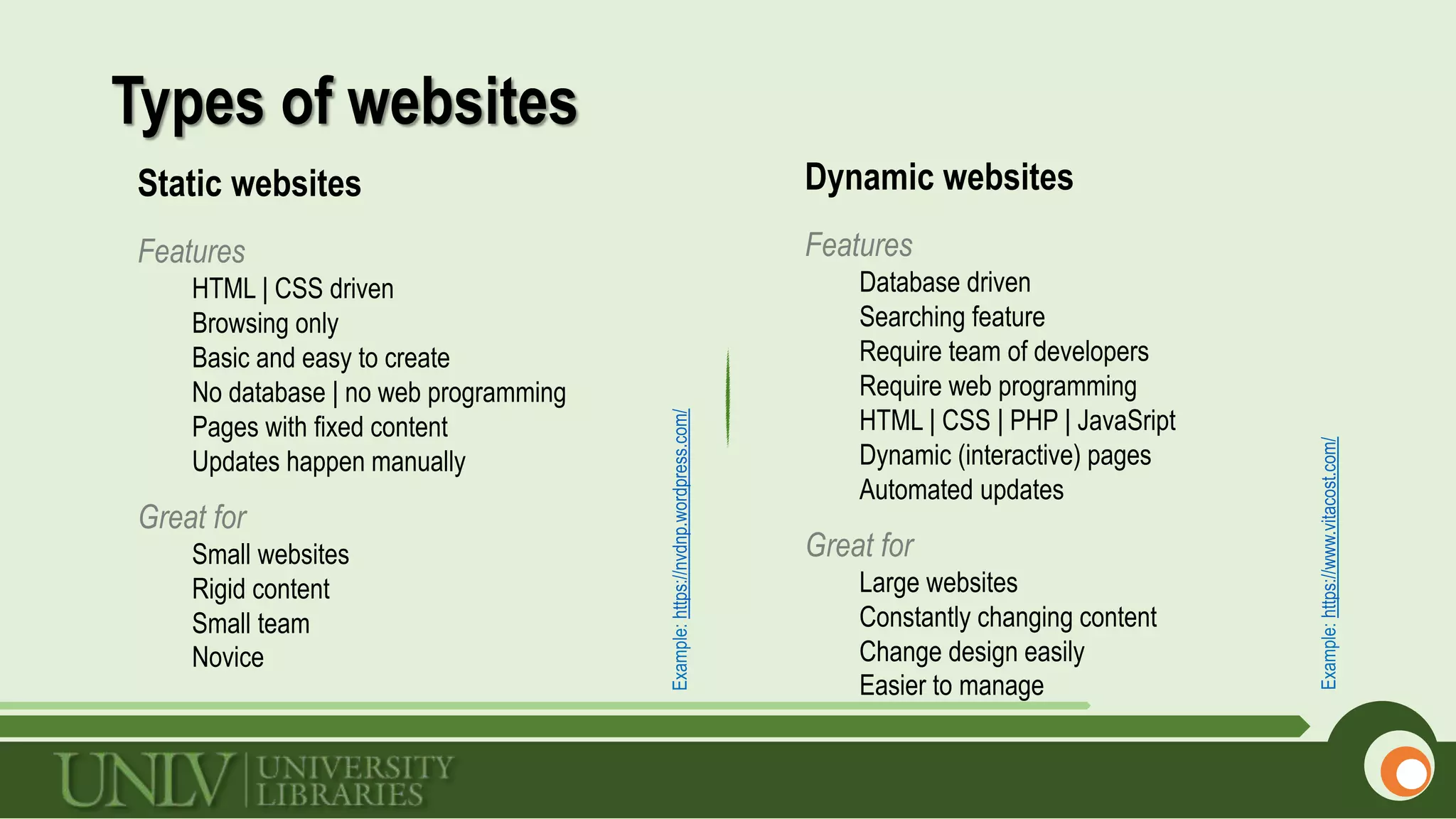 Types of websites
Static websites
Features
HTML | CSS driven
Browsing only
Basic and easy to create
No database | no web programming
Pages with fixed content
Updates happen manually
Great for
Small websites
Rigid content
Small team
Novice
Example:https://nvdnp.wordpress.com/
Dynamic websites
Features
Database driven
Searching feature
Require team of developers
Require web programming
HTML | CSS | PHP | JavaSript
Dynamic (interactive) pages
Automated updates
Great for
Large websites
Constantly changing content
Change design easily
Easier to manage
Example:https://www.vitacost.com/
 