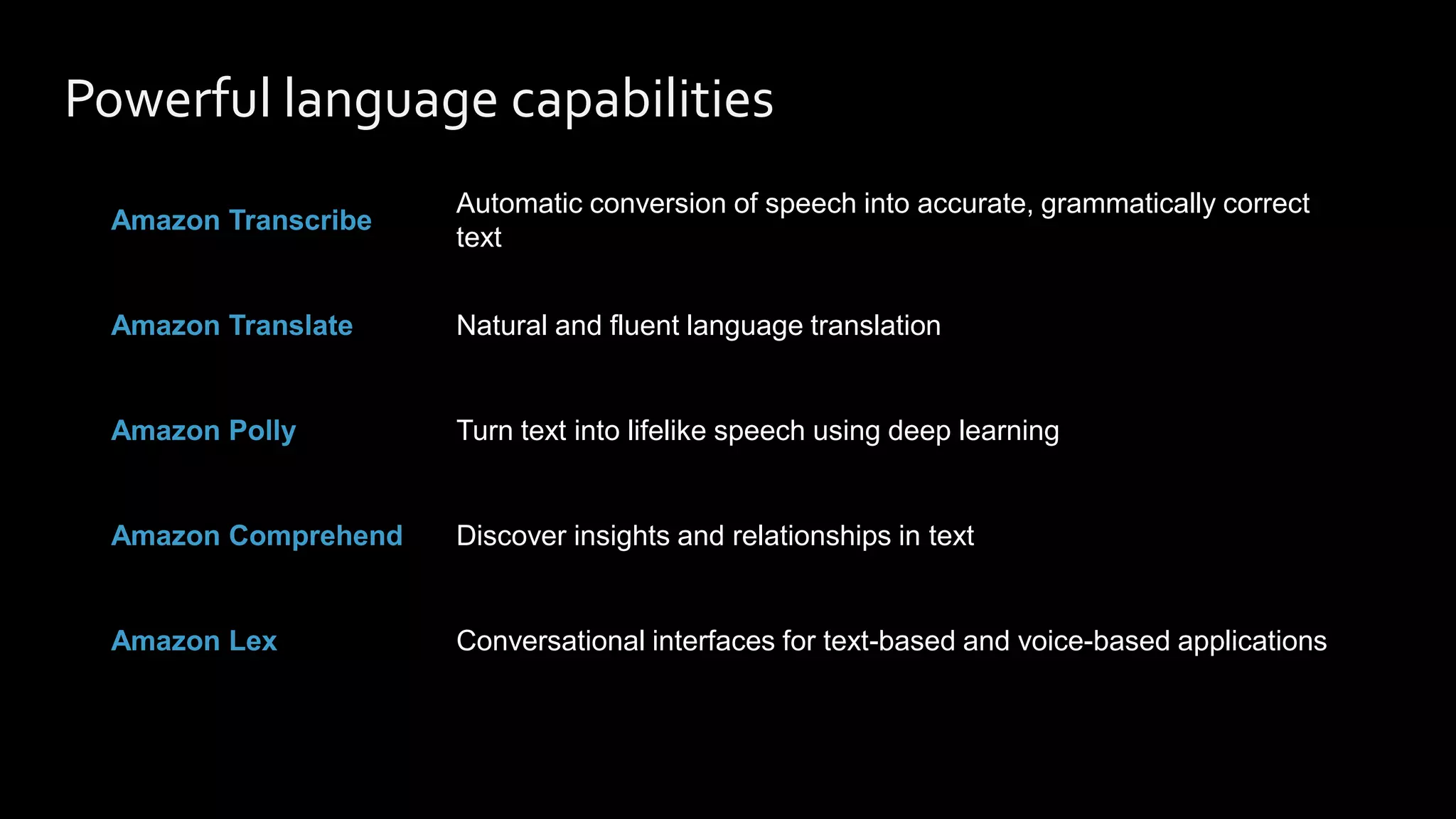 Powerful language capabilities
Amazon Transcribe
Automatic conversion of speech into accurate, grammatically correct
text
Amazon Translate Natural and fluent language translation
Amazon Polly Turn text into lifelike speech using deep learning
Amazon Comprehend Discover insights and relationships in text
Amazon Lex Conversational interfaces for text-based and voice-based applications
 