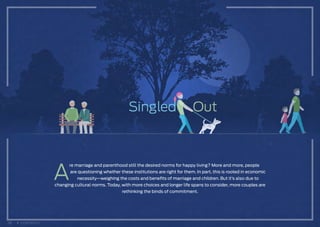 OPTION 1
A
re marriage and parenthood still the desired norms for happy living? More and more, people
are questioning whether these institutions are right for them. In part, this is rooted in economic
necessity—weighing the costs and benefits of marriage and children. But it’s also due to
changing cultural norms. Today, with more choices and longer life spans to consider, more couples are
rethinking the binds of commitment.
38 CONTENTS
 