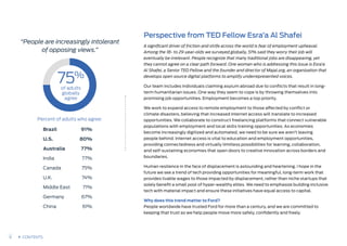 “People are increasingly intolerant
of opposing views.”
Percent of adults who agree:
Brazil
U.S.
Australia
India
Canada
U.K.
Middle East
Germany
China
91%
80%
77%
77%
75%
74%
71%
67%
61%
Perspective from TED Fellow Esra’a Al Shafei
A significant driver of friction and strife across the world is fear of employment upheaval.
Among the 18- to 29-year-olds we surveyed globally, 51% said they worry their job will
eventually be irrelevant. People recognize that many traditional jobs are disappearing, yet
they cannot agree on a clear path forward. One woman who is addressing this issue is Esra’a
Al Shafei, a Senior TED Fellow and the founder and director of Majal.org, an organization that
develops open source digital platforms to amplify underrepresented voices.
Our team includes individuals claiming asylum abroad due to conflicts that result in long-
term humanitarian issues. One way they seem to cope is by throwing themselves into
promising job opportunities. Employment becomes a top priority.
We work to expand access to remote employment to those affected by conflict or
climate disasters, believing that increased internet access will translate to increased
opportunities. We collaborate to construct freelancing platforms that connect vulnerable
populations with employment and local skills training opportunities. As economies
become increasingly digitized and automated, we need to be sure we aren’t leaving
people behind. Internet access is vital to education and employment opportunities,
providing connectedness and virtually limitless possibilities for learning, collaboration,
and self-sustaining economies that open doors to creative innovation across borders and
boundaries.
Human resilience in the face of displacement is astounding and heartening. I hope in the
future we see a trend of tech providing opportunities for meaningful, long-term work that
provides livable wages to those impacted by displacement, rather than niche startups that
solely benefit a small pool of hyper-wealthy elites. We need to emphasize building inclusive
tech with material impact and ensure these initiatives have equal access to capital.
Why does this trend matter to Ford?
People worldwide have trusted Ford for more than a century, and we are committed to
keeping that trust as we help people move more safely, confidently and freely.
75%
of adults
globally
agree
9 CONTENTS
 