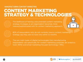 16
MANUFACTURING CONTENT MARKETING
The likelihood of having a documented content marketing
strategy increases as an organi...