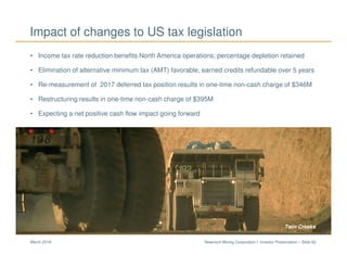 Newmont Mining Corporation I Investor Presentation – Slide 62March 2018
Impact of changes to US tax legislation
• Income tax rate reduction benefits North America operations; percentage depletion retained
• Elimination of alternative minimum tax (AMT) favorable, earned credits refundable over 5 years
• Re-measurement of 2017 deferred tax position results in one-time non-cash charge of $346M
• Restructuring results in one-time non-cash charge of $395M
• Expecting a net positive cash flow impact going forward
Twin Creeks
 