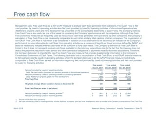 Newmont Mining Corporation I Investor Presentation – Slide 70March 2018
Free cash flow
Management uses Free Cash Flow as a non-GAAP measure to analyze cash flows generated from operations. Free Cash Flow is Net
cash provided by (used in) operating activities less Net cash provided by (used in) operating activities of discontinued operations less
Additions to property, plant and mine development as presented on the Consolidated Statements of Cash Flows. The Company believes
Free Cash Flow is also useful as one of the bases for comparing the Company’s performance with its competitors. Although Free Cash
Flow and similar measures are frequently used as measures of cash flows generated from operations by other companies, the Company’s
calculation of Free Cash Flow is not necessarily comparable to such other similarly titled captions of other companies. The presentation of
non-GAAP Free Cash Flow is not meant to be considered in isolation or as an alternative to net income as an indicator of the Company’s
performance, or as an alternative to cash flows from operating activities as a measure of liquidity as those terms are defined by GAAP, and
does not necessarily indicate whether cash flows will be sufficient to fund cash needs. The Company’s definition of Free Cash Flow is
limited in that it does not represent residual cash flows available for discretionary expenditures due to the fact that the measure does not
deduct the payments required for debt service and other contractual obligations or payments made for business acquisitions. Therefore,
the Company believes it is important to view Free Cash Flow as a measure that provides supplemental information to the Company’s
Consolidated Statements of Cash Flows. The following table sets forth a reconciliation of Free Cash Flow, a non-GAAP financial measure,
to Net cash provided by (used in) operating activities, which the Company believes to be the GAAP financial measure most directly
comparable to Free Cash Flow, as well as information regarding Net cash provided by (used in) investing activities and Net cash provided
by (used in) financing activities.
1) Results include Batu Hijau operations
2) Net cash provided by (used in) investing activities includes Additions to property, plant and mine development, which is included in the Company’s computation of Free Cash Flow.
Year ended Year ended Year ended
Dec 31, 2017 Dec 31, 2013(1)
Dec 31, 2012(1)
Net cash provided by (used in) operating activities 2,335 1,543 2,372
Less: Net cash used in (provided by) operating activities of discontinued operations 15 18 16
Net cash provided by (used in) operating activities of continuing operations 2,350 1,561 2,388
Less: Additions to property, plant and mine development (866) (1,900) (3,210)
Free Cash Flow 1,484 (339) (822)
Weighted average diluted common shares on December 31 535 498 499
Free Cash Flow per share ($ per share) 2.77 -0.68 -1.65
Net cash provided by (used in) investing activities(2)
(961)$ (1,313)$ (3,264)$
Net cash provided by (used in) financing activities (864)$ (212)$ 689$
 