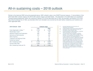Newmont Mining Corporation I Investor Presentation – Slide 75March 2018
All-in sustaining costs – 2018 outlook
(1) Excludes Depreciation and amortization and
Reclamation and remediation.
(2) Includes stockpile and leach pad inventory adjustments.
(3) Reclamation costs include operating accretion and
amortization of asset retirement costs.
(4) Excludes development capital expenditures, capitalized
interest and change in accrued capital.
(5) The reconciliation above is provided for illustrative
purposes in order to better describe management’s
estimates of the components of the calculation. Ranges
for each component of the forward-looking All-in
sustaining costs per ounce are independently calculated
and, as a result, the total All-in sustaining costs and the
All-in sustaining costs per ounce may not sum to the
component ranges. While a reconciliation to the most
directly comparable GAAP measure has been provided
for 2018 AISC Gold Outlook on a consolidated basis, a
reconciliation has not been provided on an individual
site-by-site basis or for longer-term outlook in reliance on
Item 10(e)(1)(i)(B) of Regulation S-K because such
reconciliation is not available without unreasonable
efforts. See the Cautionary Statement at the beginning
of this presentation.
Similar to the historical AISC amounts presented above, AISC outlook is also a non-GAAP financial measure. A reconciliation of the
2018 Gold AISC outlook range to the 2018 CAS outlook range is provided below. The estimates in the table below are considered
“forward-looking statements” within the meaning of Section 27A of the Securities Act of 1933, as amended, and Section 21E of the
Securities Exchange Act of 1934, as amended, which are intended to be covered by the safe harbor created by such sections and
other applicable laws.
2018 Outlook - Gold Outlook range
Low High
Costs Applicable to Sales
1,2
$ 3,700 $ 4,250
Reclamation Costs
3
130 150
Advance Projects and Exploration 350 400
General and Administrative 215 240
Other Expense 5 30
Treatment and Refining Costs 20 40
Sustaining Capital
4
600 700
All-in Sustaining Costs $ 5,100 $ 5,800
Ounces (000) Sold 5,300 5,800
All-in Sustaining Costs per Oz $ 965 $ 1,025
 