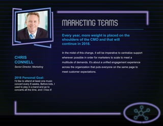Every year, more weight is placed on the
shoulders of the CMO and that will
continue in 2018.
In the midst of this change, it will be imperative to centralize support
wherever possible in order for marketers to scale to meet a
multitude of demands. It’s about a unified engagement experience
across the organization that puts everyone on the same page to
meet customer expectations.
CHRIS
CONNELL
Senior Director, Marketing
2018 Personal Goal:
I'd like to attend at least one music
concert every 8 weeks. Before kids, I
used to play in a band and go to
concerts all the time, and I miss it!
 