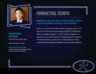 YASUTAKA
FUKUDA
President, Asia Pacific Japan
@Yasutaka_Fukuda
2018 Personal Goal:
I’d like to take more photos with my
favorite Leica film camera.
Marketers will own more responsibility when it
comes to growth, revenue, and retention.
To do so, we must remove silos and see the bigger picture. This
year, we’ll continue to see the merging of AdTech and MarTech,
which is incredibly important in order to deliver messages in a
consistent way to build longer term relationships with customers.
This transformation is paramount to understanding the whole
customer lifecycle because ultimately, it’s all about the customer.
 