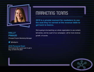 2018 is a pivotal moment for marketers to use
the seat they’ve earned at the revenue table to
get back to basics.
We’re going to be teaching our whole organization to use content,
tell stories, and be a part of our campaigns—all for more revenue
growth, of course.
HALLY
PINAUD
Principal Product Marketing Manager
@hallypino
2018 Personal Goal:
2018 seems like a good year to get a
dog, so that’s the plan!
 