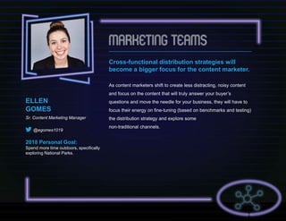 Cross-functional distribution strategies will
become a bigger focus for the content marketer.
As content marketers shift to create less distracting, noisy content
and focus on the content that will truly answer your buyer’s
questions and move the needle for your business, they will have to
focus their energy on fine-tuning (based on benchmarks and testing)
the distribution strategy and explore some
non-traditional channels.
ELLEN
GOMES
Sr. Content Marketing Manager
@egomes1019
2018 Personal Goal:
Spend more time outdoors, specifically
exploring National Parks.
 