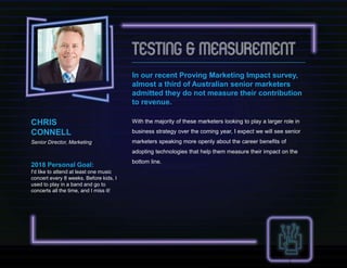 In our recent Proving Marketing Impact survey,
almost a third of Australian senior marketers
admitted they do not measure their contribution
to revenue.
With the majority of these marketers looking to play a larger role in
business strategy over the coming year, I expect we will see senior
marketers speaking more openly about the career benefits of
adopting technologies that help them measure their impact on the
bottom line.
CHRIS
CONNELL
Senior Director, Marketing
2018 Personal Goal:
I'd like to attend at least one music
concert every 8 weeks. Before kids, I
used to play in a band and go to
concerts all the time, and I miss it!
 
