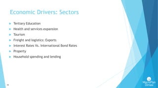 15
Economic Drivers: Sectors
 Tertiary Education
 Health and services expansion
 Tourism
 Freight and logistics: Exports
 Interest Rates Vs. International Bond Rates
 Property
 Household spending and lending
 