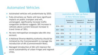 29
Automated Vehicles
 Automated vehicles will predominate by 2035.
 Fully driverless car fleets will have significant
impacts on public transport and will,
unmanaged, significantly increase traffic
congestion (evidence suggests 30% increase in
vehicles above current forecast increase in
travel times of 30%).
 No new metropolitan strategies take AVs into
account.
 A National Diverse Mobility Authority should be
initiated by the Commonwealth to manage the
introduction of AVs (Commonwealth Role).
 Managed introduction of AVs will improve the
social sustainability of urban fringes and regional
cities.
Australian AV, Take up Rates
(% New Vehicle Sales)
Scenario 1 -
Minimum
Scenario 2 -
Maximum
Revised
Maximum
2016 – 2021 0 0 0
2021 – 2026 2 5 20
2026 – 2036 15 30 60
2036 – 2045 30 60 90
2045 - 2055 60 90 100
2055 - 2065 100 100 100
 