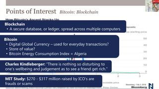 Bloomberg – Feb 3, 2018
Points of Interest Bitcoin: Blockchain
MIT Study: $270 - $317 million raised by ICO’s are
frauds or scams
Charles Kindleberger: “There is nothing so disturbing to
one’s wellbeing and judgement as to see a friend get rich.”
Blockchain
• A secure database, or ledger, spread across multiple computers
Bitcoin
• Digital Global Currency – used for everyday transactions?
• Store of value?
• Bitcoin Energy Consumption Index = Algeria
 