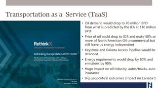 Transportation as a Service (TaaS)
• Oil demand would drop to 70 million BPD
from what is predicted by the IEA at 110 million
BPD
• Price of oil could drop to $25 and make 50% or
more of North American Oil uncommercial but
still leave us energy independent
• Keystone and Dakota Access Pipeline would be
stranded
• Energy requirements would drop by 80% and
emissions by 90%
• Huge impact on oil industry, autos/trucks, auto
insurance
• Big geopolitical outcomes (impact on Canada?)
 
