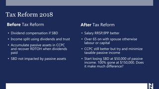 Tax Reform 2018
Before Tax Reform
• Dividend compensation if SBD
• Income split using dividends and trust
• Accumulate passive assets in CCPC
and recover RDTOH when dividends
paid
• SBD not impacted by passive assets
After Tax Reform
• Salary RRSP/IPP better
• Over 65 on with spouse otherwise
labour or capital
• CCPC still better but try and minimize
taxable passive income
• Start losing SBD at $50,000 of passive
income. 100% gone at $150,000. Does
it make much difference?
 