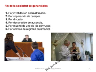 1. Por invalidación del matrimonio.
2. Por separación de cuerpos.
3. Por divorcio.
4. Por declaración de ausencia.
5. Por muerte de uno de los cónyuges.
6. Por cambio de régimen patrimonial.
24
Fin de la sociedad de gananciales
Profesor: Juan Armando Reyes Mendoza
 