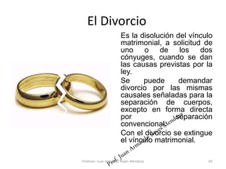 El Divorcio
Es la disolución del vínculo
matrimonial, a solicitud de
uno o de los dos
cónyuges, cuando se dan
las causas previstas por la
ley.
Se puede demandar
divorcio por las mismas
causales señaladas para la
separación de cuerpos,
excepto en forma directa
por separación
convencional.
Con el divorcio se extingue
el vínculo matrimonial.
60
Profesor: Juan Armando Reyes Mendoza
 