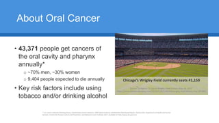 About Oral Cancer
• 43,371 people get cancers of
the oral cavity and pharynx
annually*
o ~70% men, ~30% women
o 9,404 people expected to die annually
• Key risk factors include using
tobacco and/or drinking alcohol
* U.S. Cancer Statistics Working Group. United States Cancer Statistics: 1999–2014 Incidence and Mortality Web-based Report. Atlanta (GA): Department of Health and Human
Services, Centers for Disease Control and Prevention, and National Cancer Institute; 2017. Available at: http://www.cdc.gov/uscs.
Chicago’s Wrigley Field currently seats 41,159
Source: SB Nation “A Day In Wrigley Field History: May 18, 1947”
https://www.bleedcubbieblue.com/2013/12/8/5185458/wrigley-field-history-may-18-1947
 