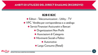 AMBITI DI UTILIZZO DEL DIRECT EMAILING (RICORSIVO)
B2B E B2C
◆ Editori - Telecomunicazioni - Utility - TV
◆ VPC. Vendita per corrispondenza e a catalogo
◆ Servizi Finanziari Assicurativi e Bancari
◆ Organizzazioni Non Proﬁt
◆ Associazioni di Categoria
◆ Movimenti Sociali e Politici
◆ Automotive
◆ Largo Consumo (Retail)
12
LUGANO NEWSLETTER E EMAIL MARKETING CON WORDPRESS
 