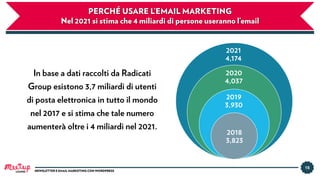 15
In base a dati raccolti da Radicati
Group esistono 3,7 miliardi di utenti
di posta elettronica in tutto il mondo
nel 2017 e si stima che tale numero
aumenterà oltre i 4 miliardi nel 2021.
PERCHÉ USARE L’EMAIL MARKETING 
Nel 2021 si stima che 4 miliardi di persone useranno l’email
2021
4,174
2020
4,037
2019
3,930
2018
3,823
LUGANO NEWSLETTER E EMAIL MARKETING CON WORDPRESS
 