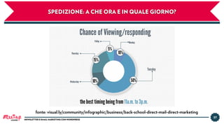 37
NEWSLETTER E EMAIL MARKETING CON WORDPRESS
SPEDIZIONE: A CHE ORA E IN QUALE GIORNO?
fonte: visual.ly/community/infographic/business/back-school-direct-mail-direct-marketing
LUGANO
 