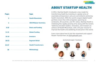 ABOUT STARTUP HEALTH
Pages Topic
3 ………………………………………….…… Health Moonshots
4 ………………………………………….…… 2018 Midyear Summary
5-10 ……...