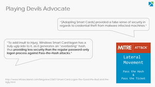 Playing Devils Advocate
“[Adopting Smart Cards] provided a false sense of security in
regards to credential theft from malware infected machines.”
“To add insult to injury, Windows Smart Card logon has a
truly ugly side to it, as it generates an “everlasting” hash,
thus providing less security than the regular password-only
logon process against Pass-the-Hash attacks.”
Lateral
Movement
Pass the Hash
&
Pass the Tickethttp://www.infosecisland.com/blogview/23657-Smart-Card-Logon-The-Good-the-Bad-and-the-
Ugly.html
 