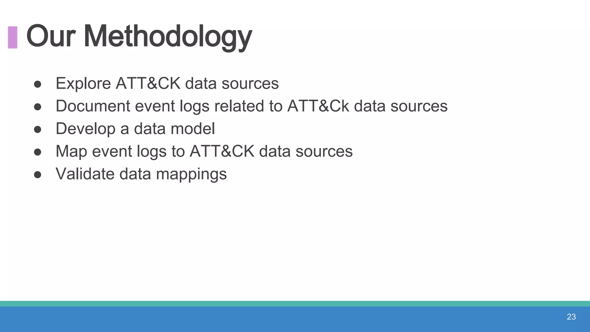 Our Methodology
● Explore ATT&CK data sources
● Document event logs related to ATT&Ck data sources
● Develop a data model
● Map event logs to ATT&CK data sources
● Validate data mappings
23
 
