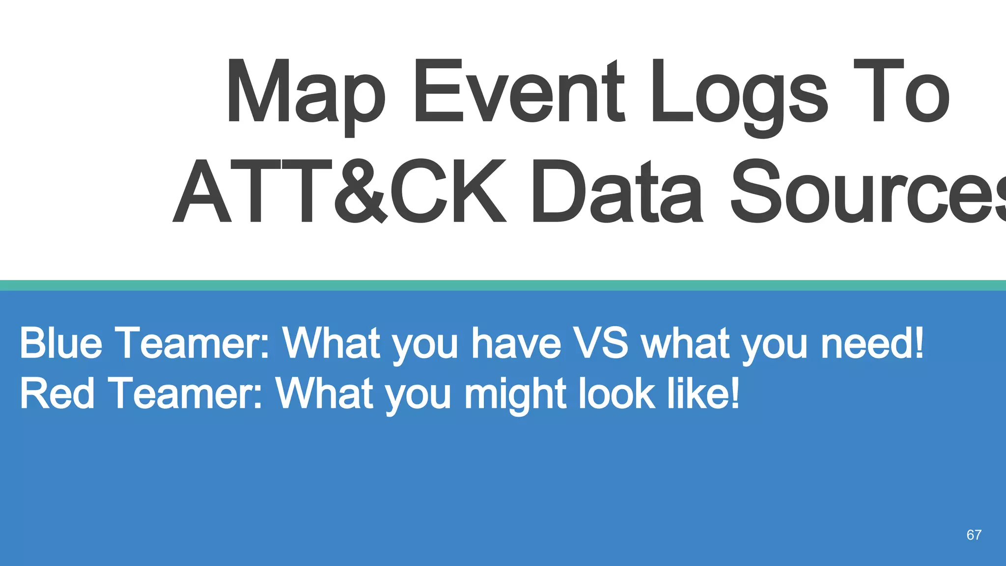 Map Event Logs To
ATT&CK Data Sources
Blue Teamer: What you have VS what you need!
Red Teamer: What you might look like!
67
 