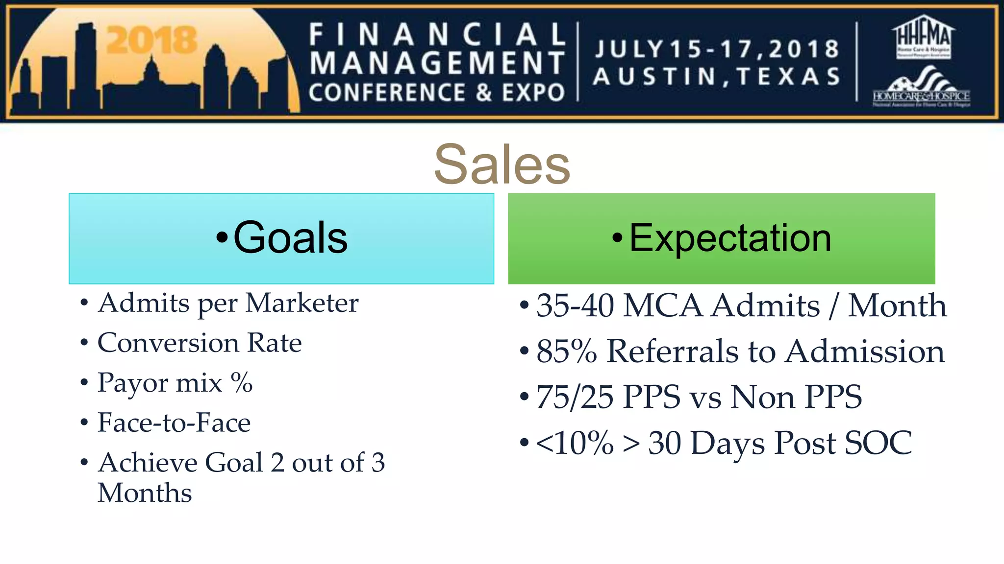 Sales
•Goals
• Admits per Marketer
• Conversion Rate
• Payor mix %
• Face-to-Face
• Achieve Goal 2 out of 3
Months
•Expectation
• 35-40 MCA Admits / Month
• 85% Referrals to Admission
• 75/25 PPS vs Non PPS
• <10% > 30 Days Post SOC
 