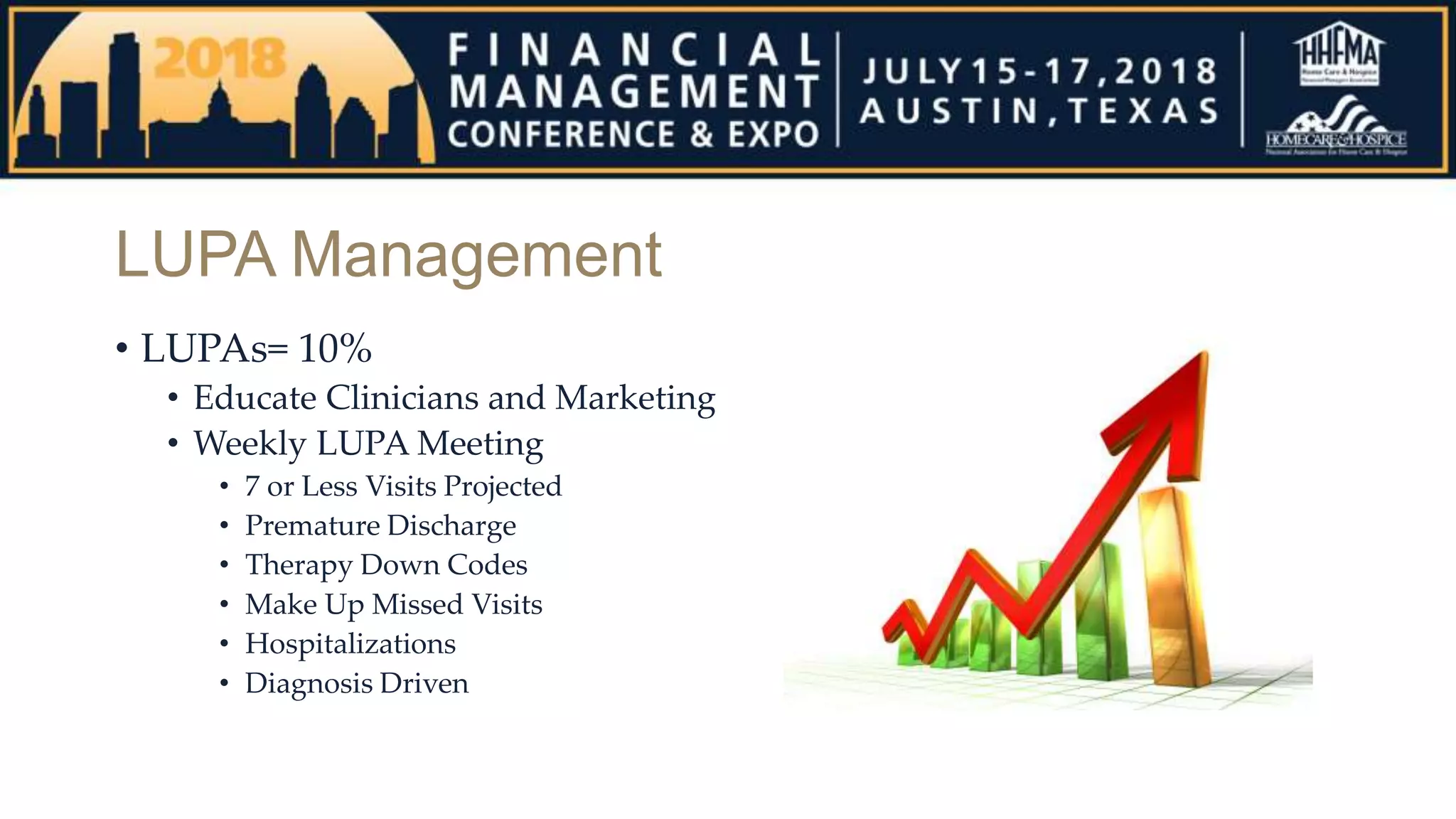 LUPA Management
• LUPAs= 10%
• Educate Clinicians and Marketing
• Weekly LUPA Meeting
• 7 or Less Visits Projected
• Premature Discharge
• Therapy Down Codes
• Make Up Missed Visits
• Hospitalizations
• Diagnosis Driven
 