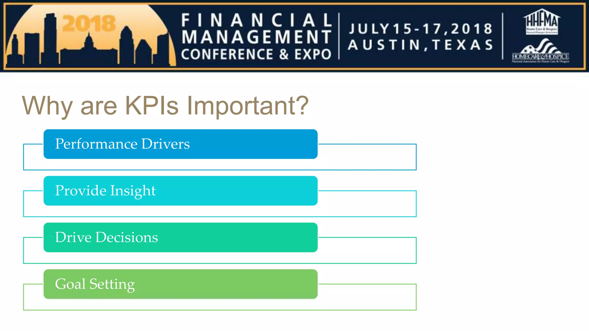 Why are KPIs Important?
Performance Drivers
Provide Insight
Drive Decisions
Goal Setting
 