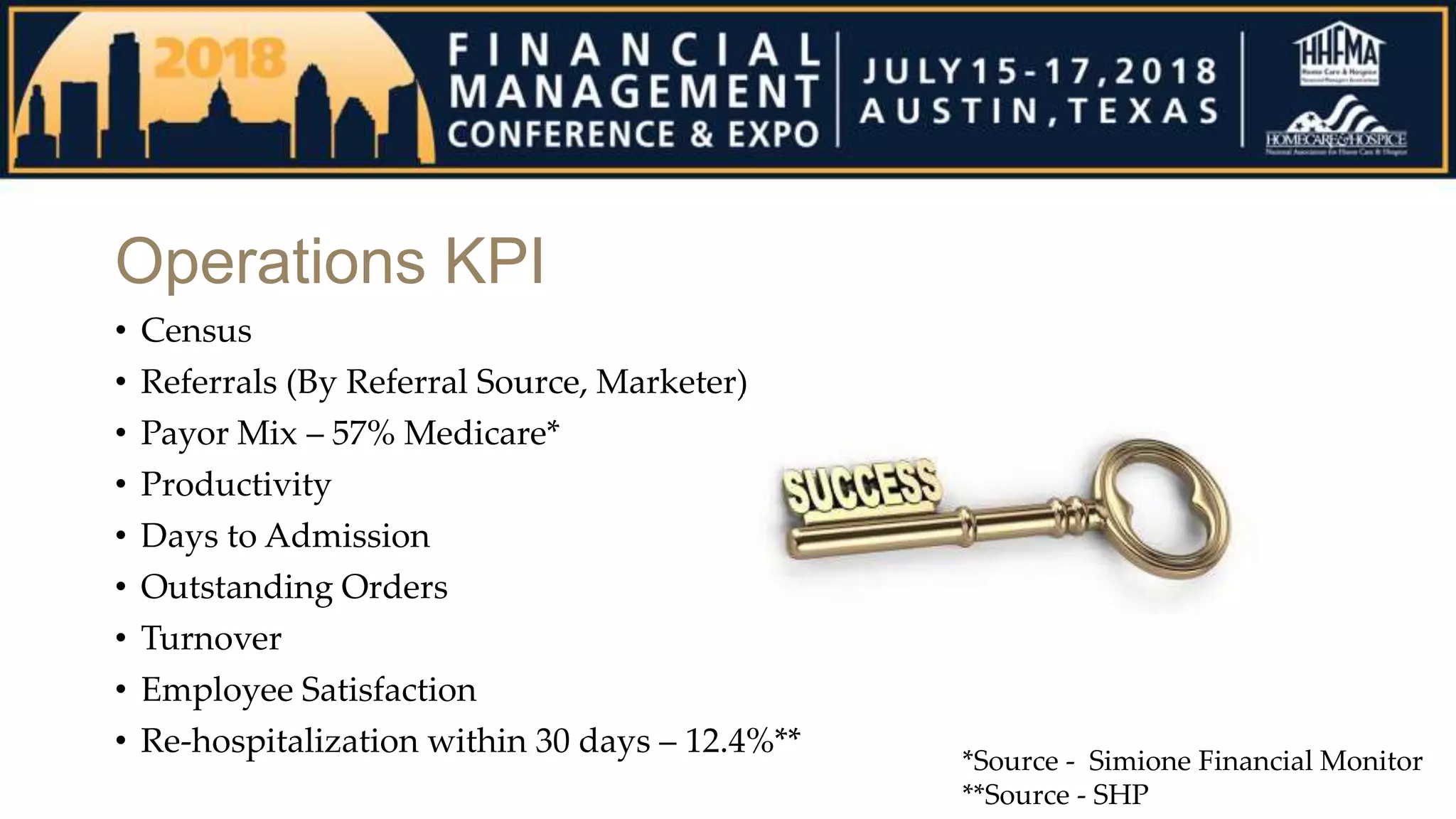 Operations KPI
• Census
• Referrals (By Referral Source, Marketer)
• Payor Mix – 57% Medicare*
• Productivity
• Days to Admission
• Outstanding Orders
• Turnover
• Employee Satisfaction
• Re-hospitalization within 30 days – 12.4%**
*Source - Simione Financial Monitor
**Source - SHP
 